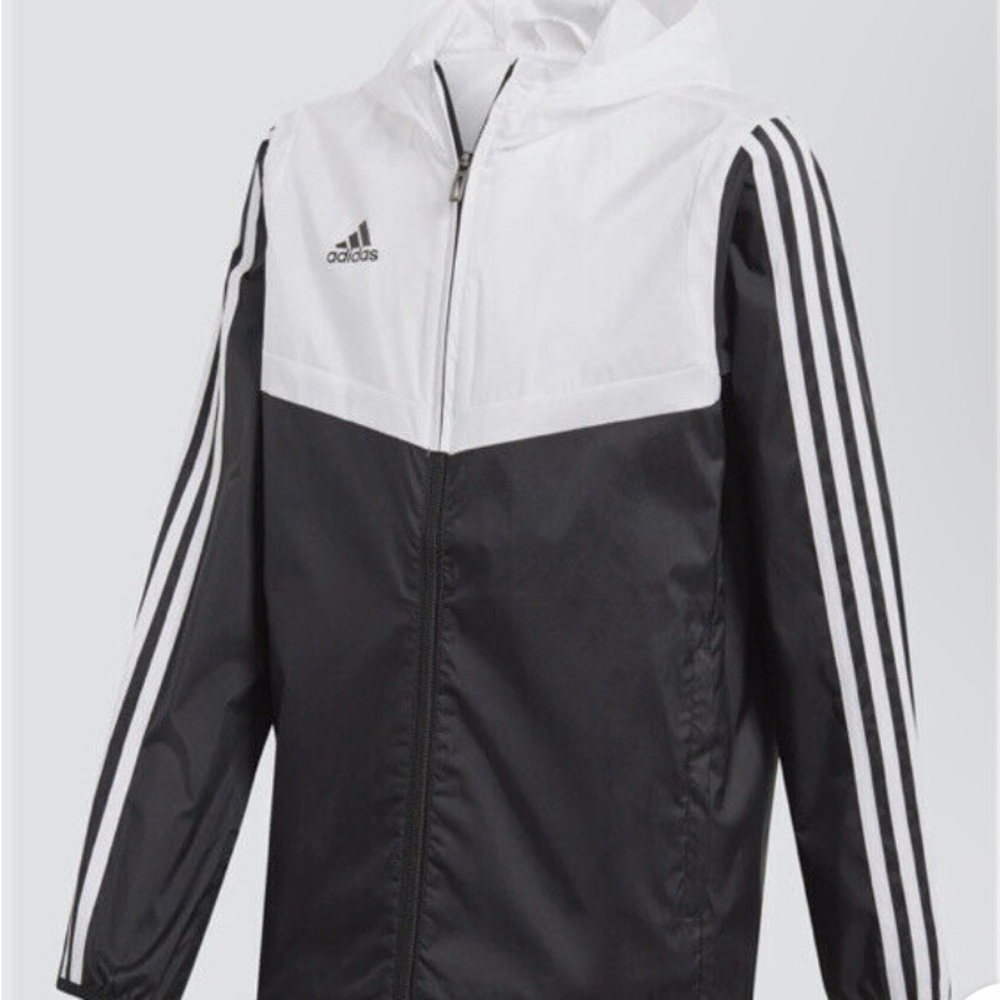 Adidas Boys Original Tiro Hooded Windbreaker Jacket Black White L Large